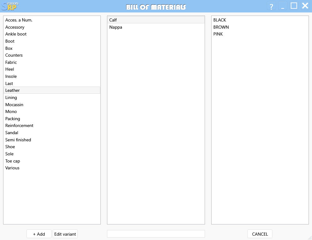 bill of materials select component footwear manufacturing