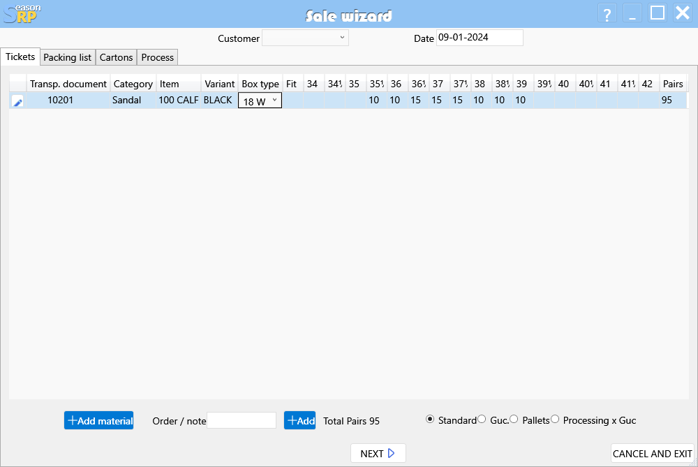 Footwear erp Sell wizard step 1