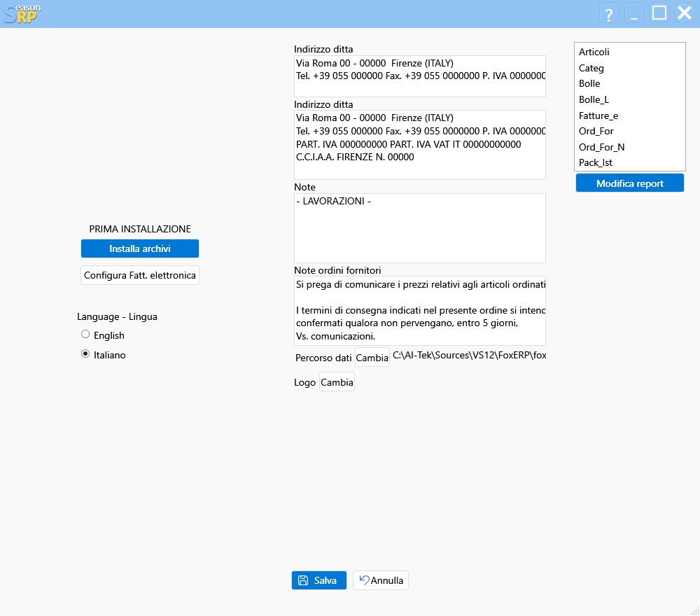 Software gestionale per calzaturifici SeasonRP configurazione