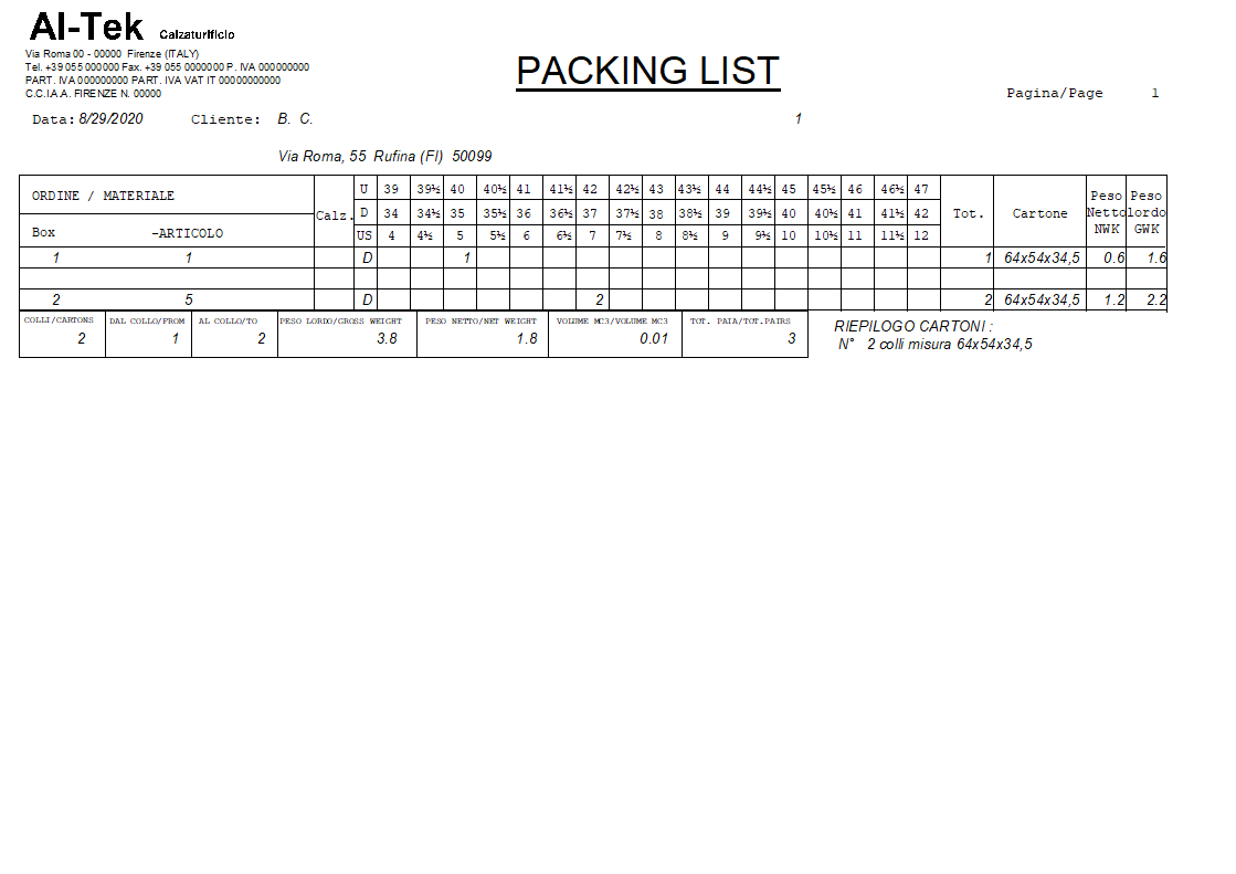 Packing list calzature